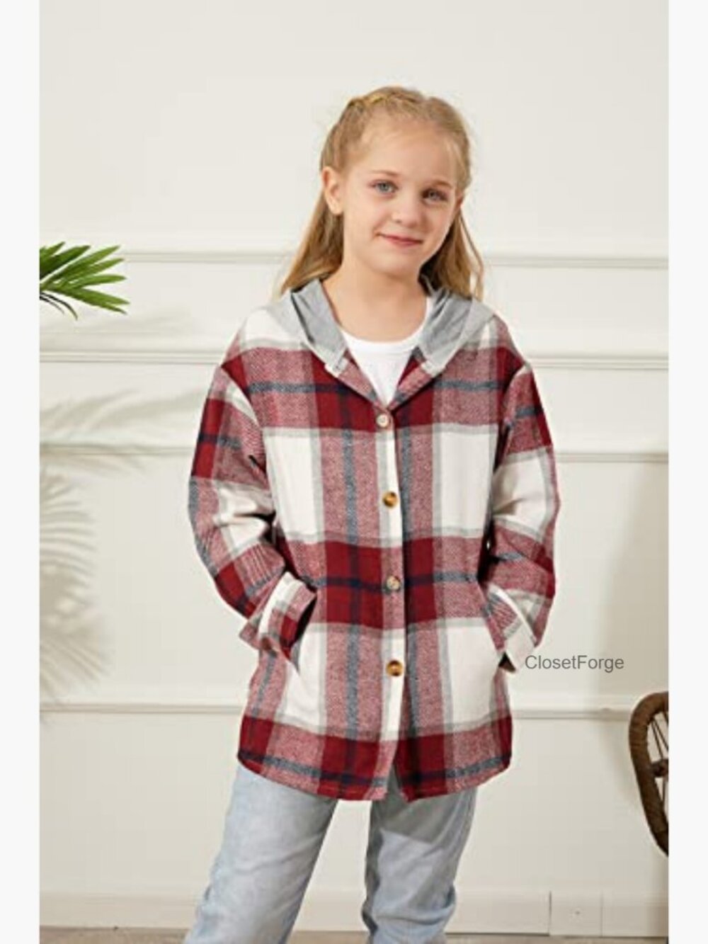 Girls Flannel Plaid Button Down Long Sleeve Hooded Jacket - Picture 4 of 7